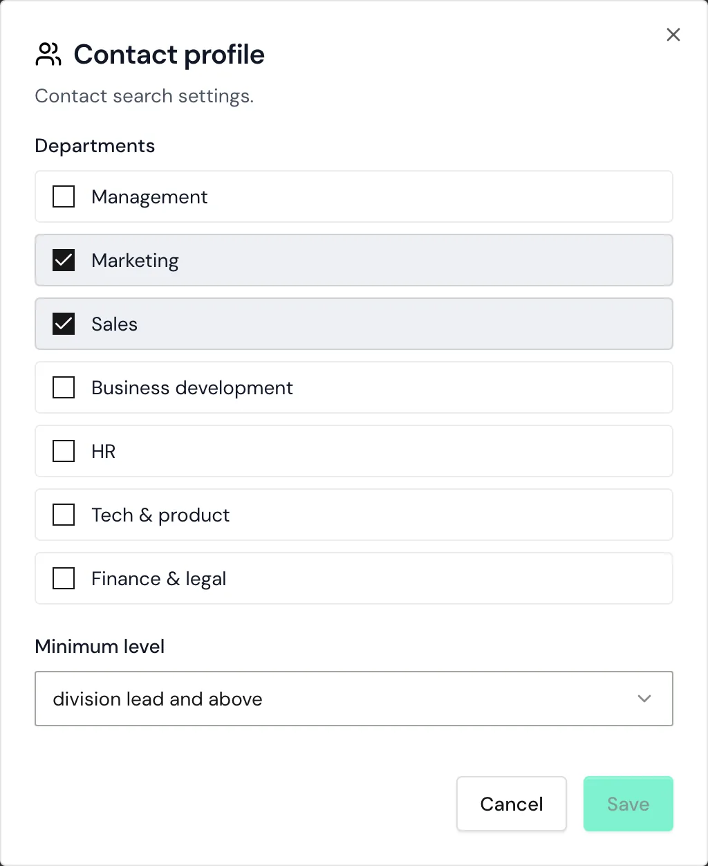 The contact profile with two departments and the minimum level