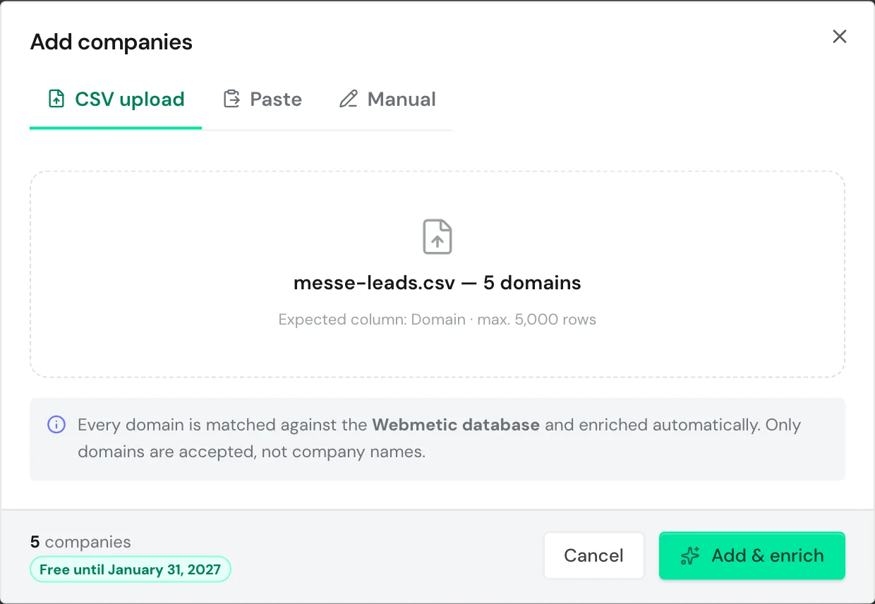 The Add companies dialog with the file messe-leads.csv and five domains
