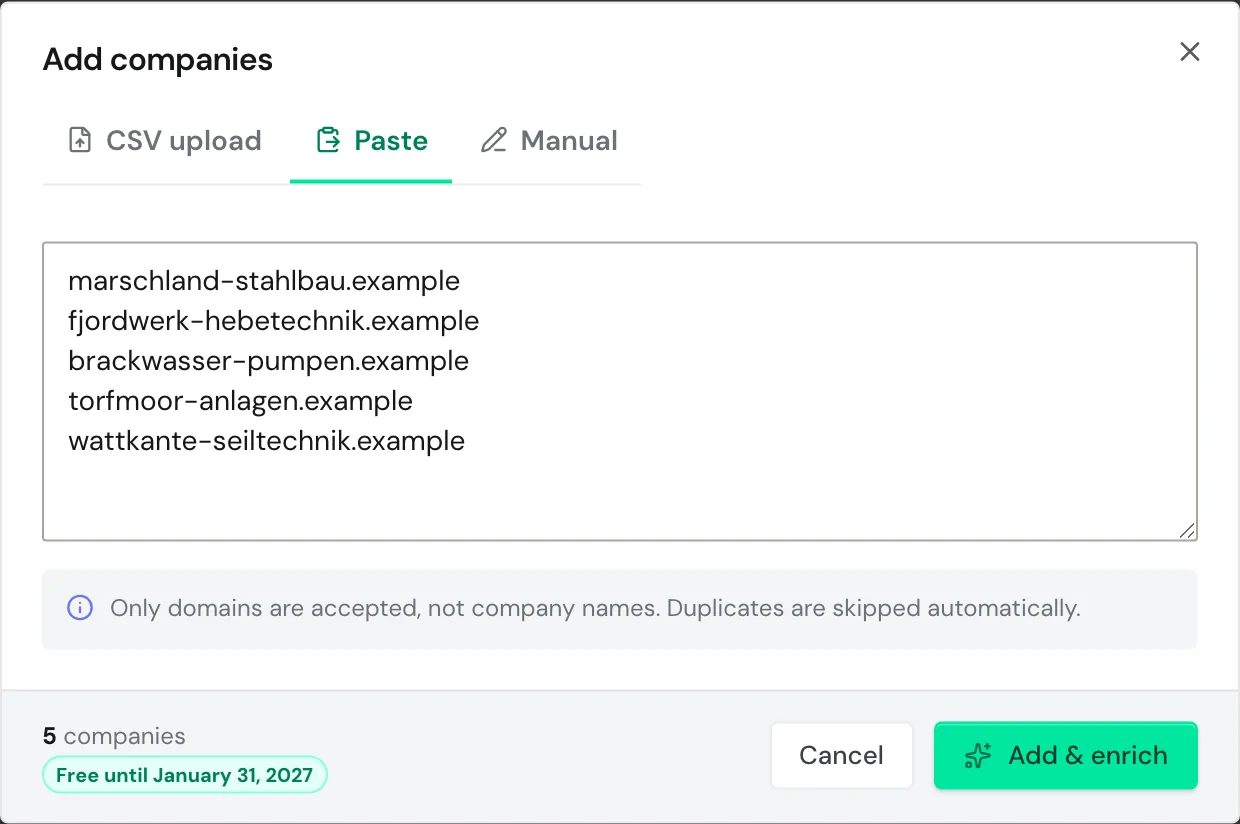 The Paste tab with five domains, one per line