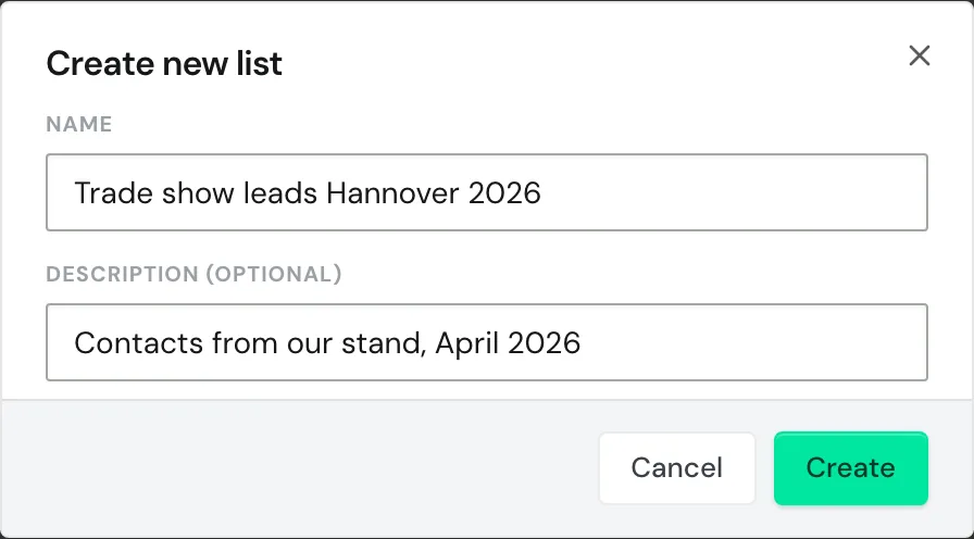 The Create new list dialog with a name and a description