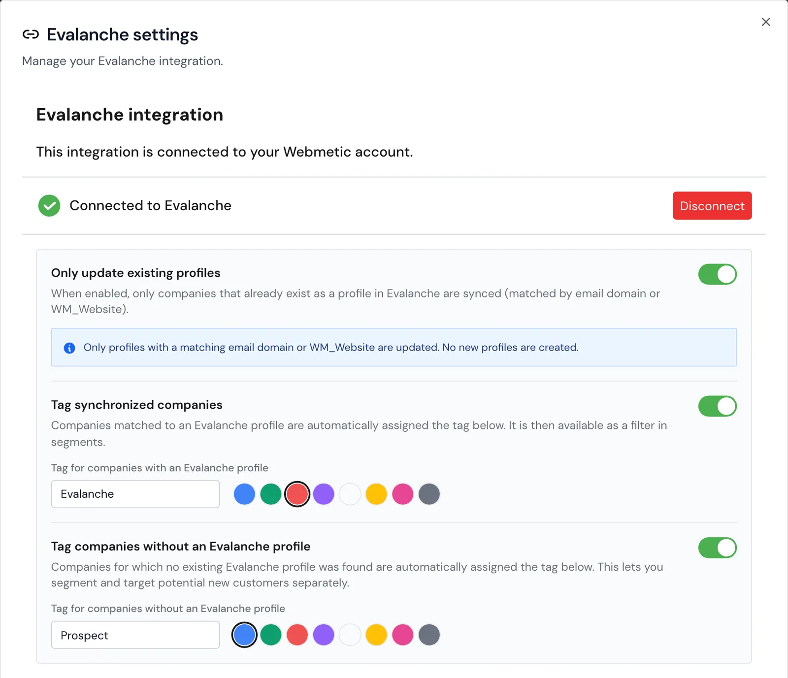 The Evalanche settings window with Only update existing profiles turned on and the tags Evalanche and Prospect