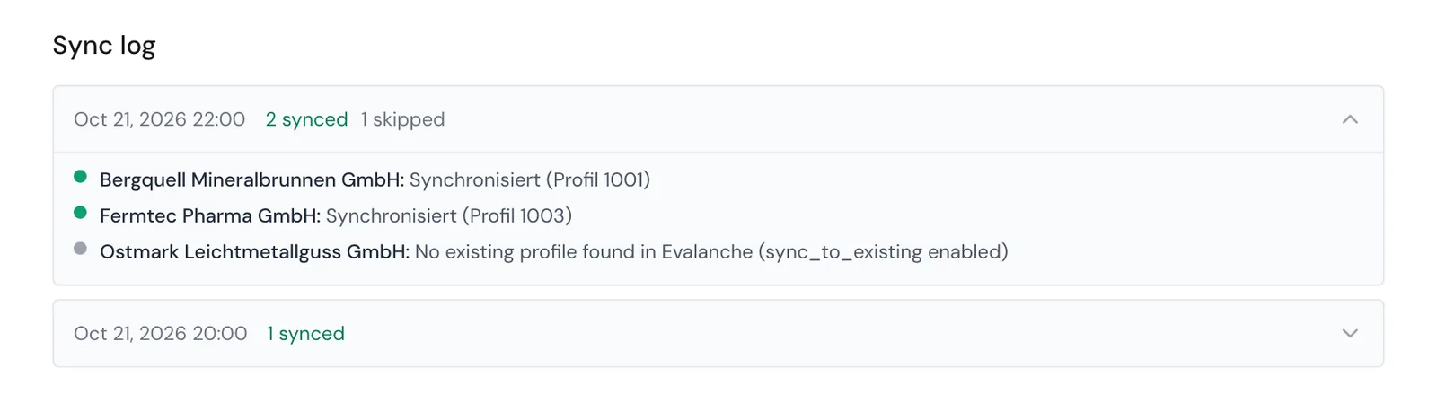 The sync log with one entry expanded and the result for each company