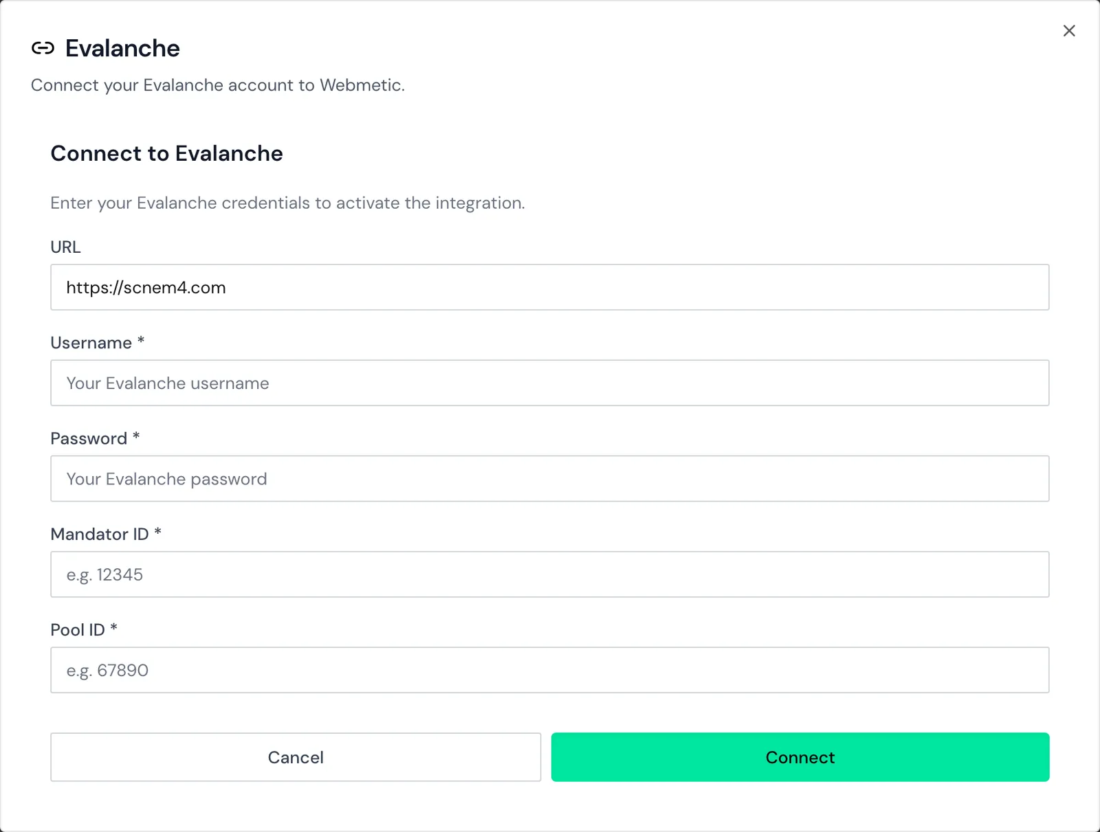 The Connect to Evalanche form with the fields URL, Username, Password, Mandator ID, and Pool ID