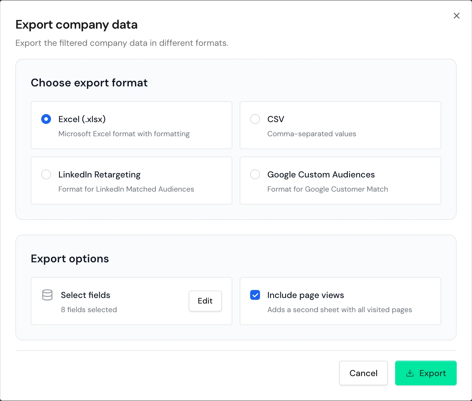 The Export company data window with Excel, eight fields, and page views