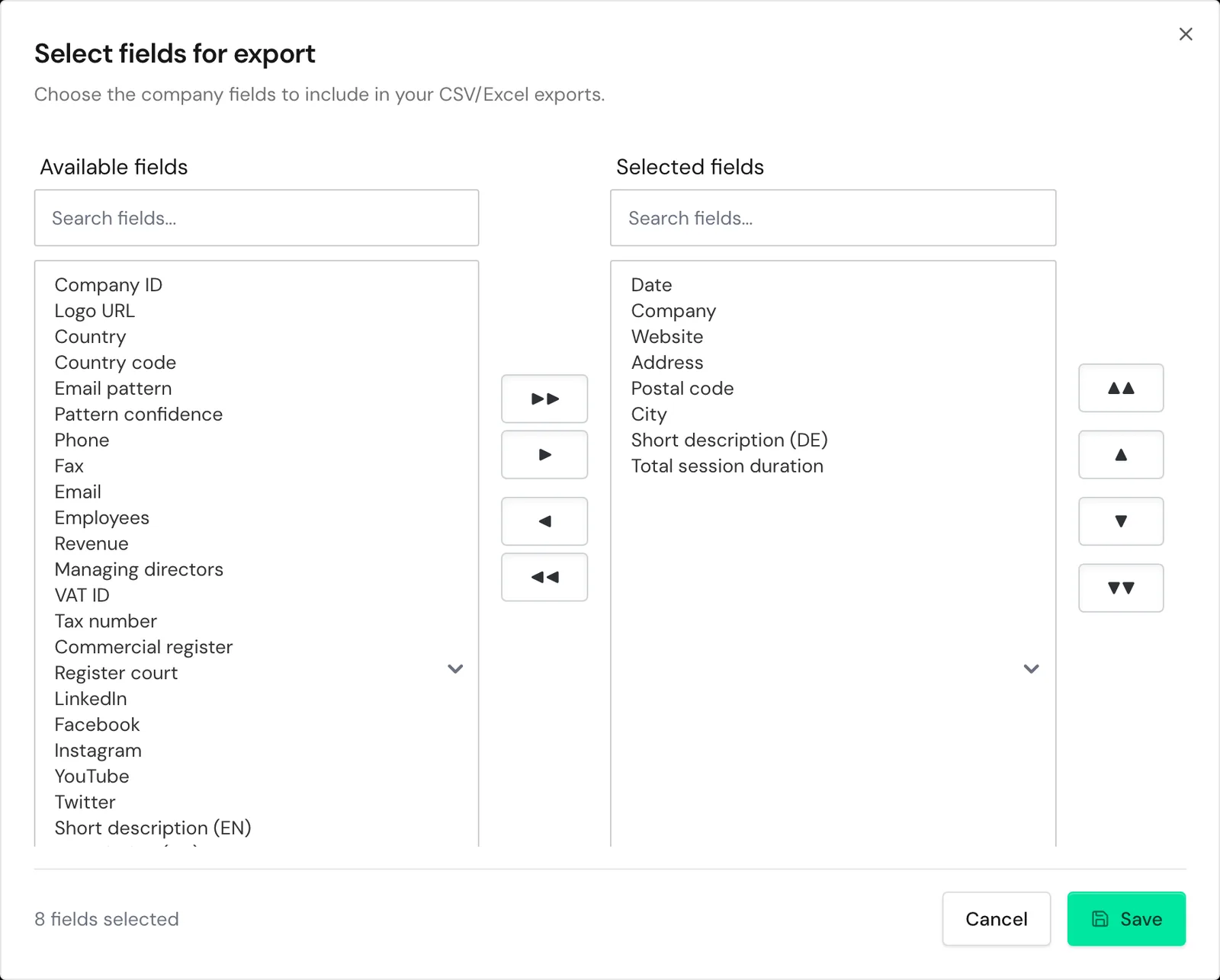 The Select fields for export window with available and selected fields