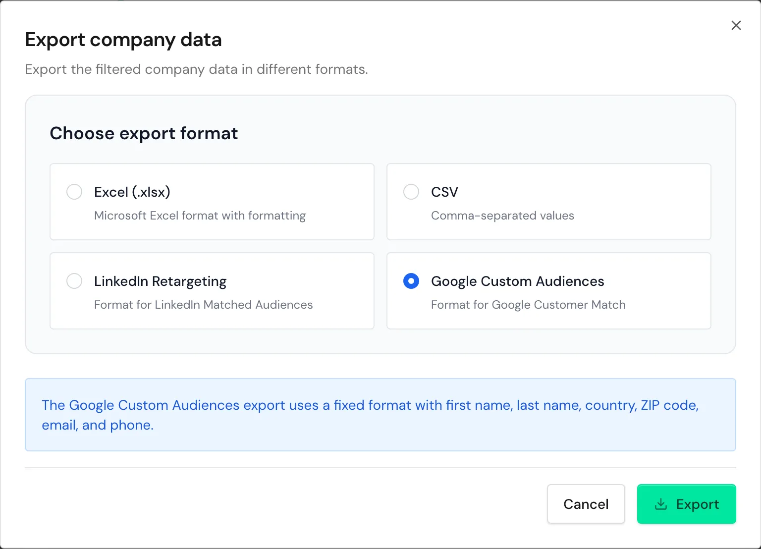 The Export company data window with the Google Custom Audiences format