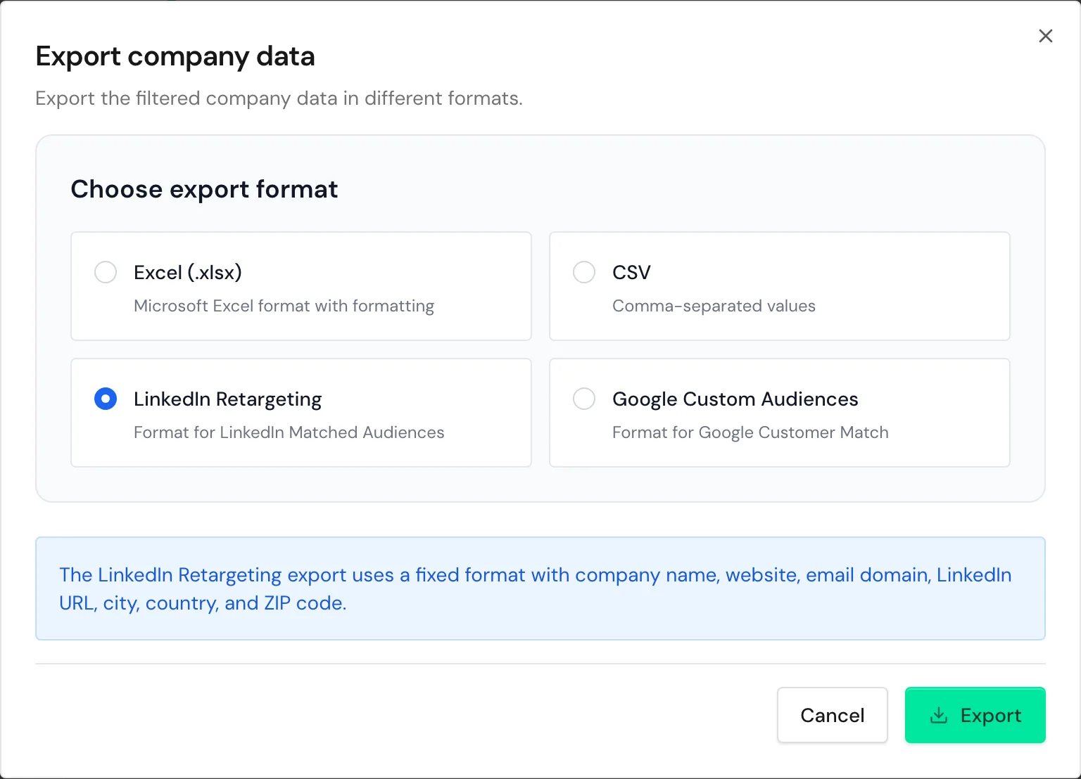 The Export company data window with the LinkedIn Retargeting format