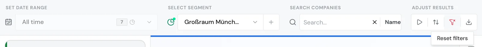 The filter bar with an active segment, a grayed-out date range, and the Reset filters icon