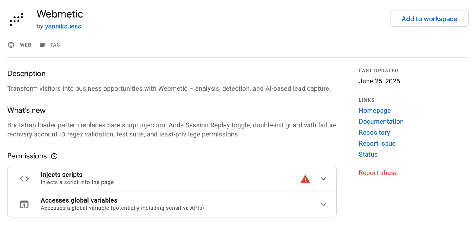 The Webmetic template in the gallery with the Add to workspace button and its two permissions