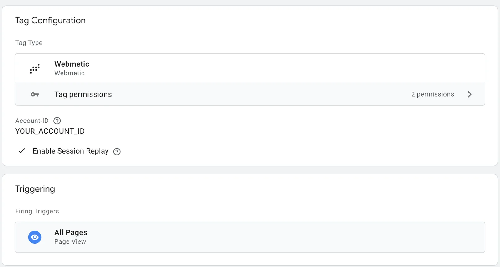 The finished Webmetic tag with Account-ID, Enable Session Replay and the All Pages trigger