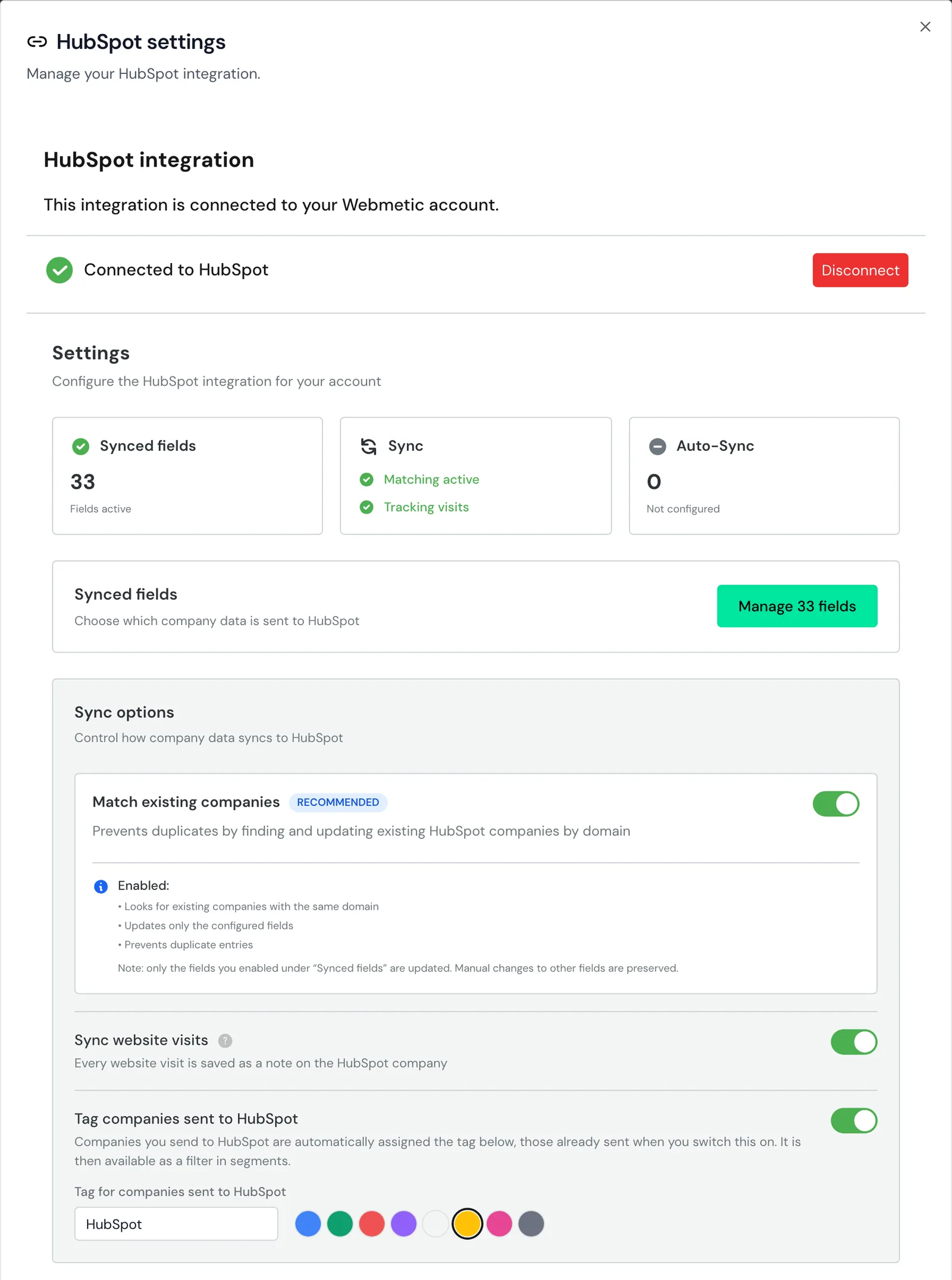 The HubSpot settings window with the Synced fields and Sync options areas, including the row with the HubSpot tag