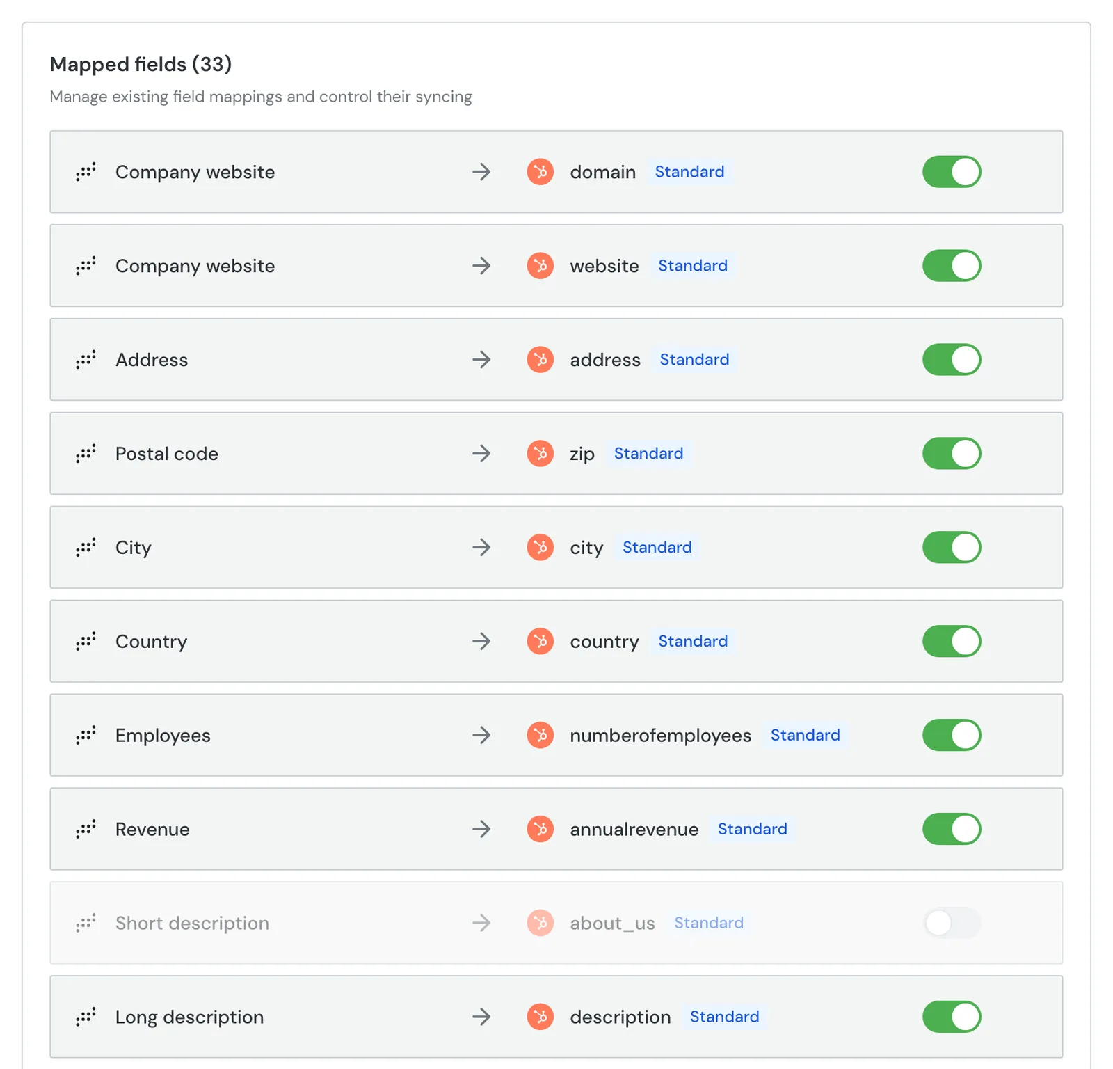 The Mapped fields list with one switched-off row