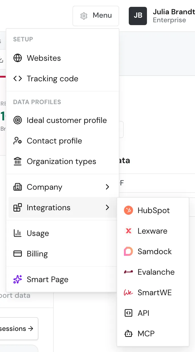 The open menu with the Integrations submenu