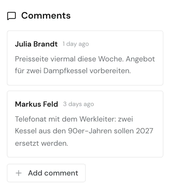 The Comments section with two comments and the Add comment button