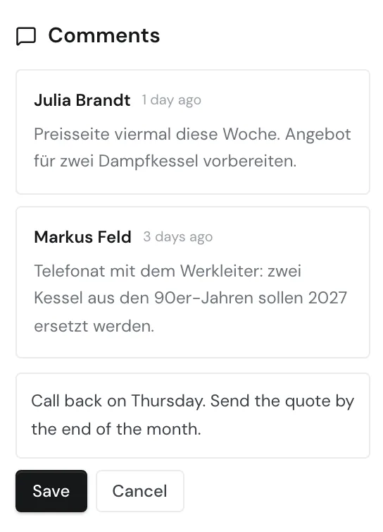 The text box for a new comment with the Save and Cancel buttons