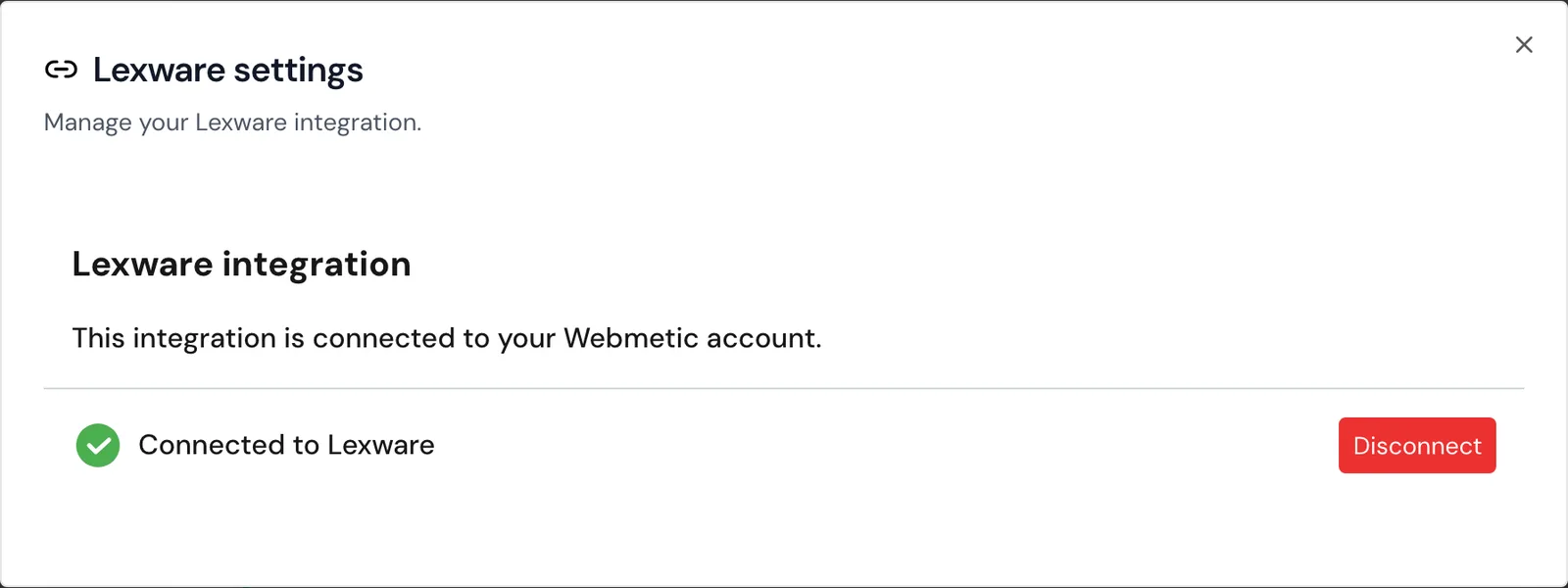 The Lexware settings window with the status Connected to Lexware