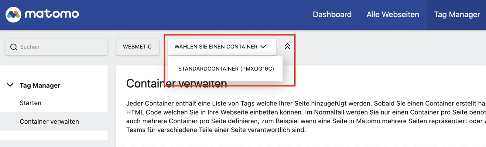 Choosing the container in Matomo Tag Manager (German interface)