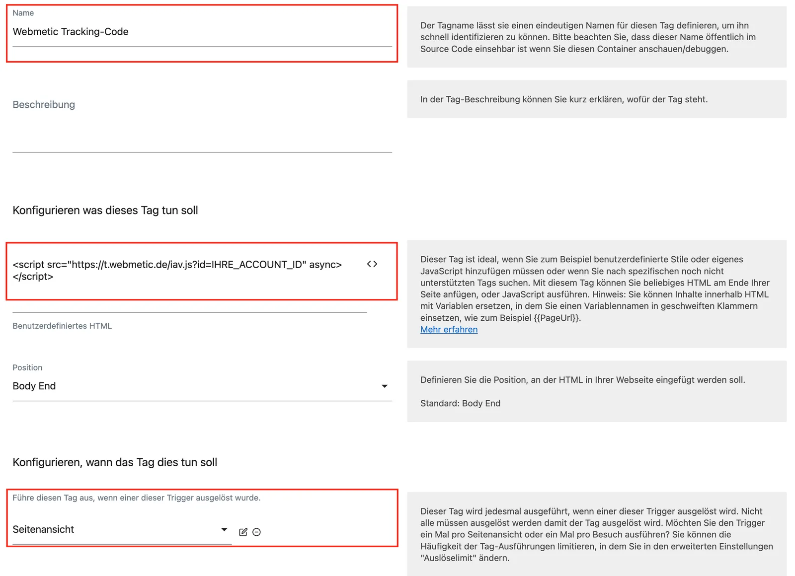 The finished tag in Matomo with name, code, position, and the Pageview trigger (German interface)