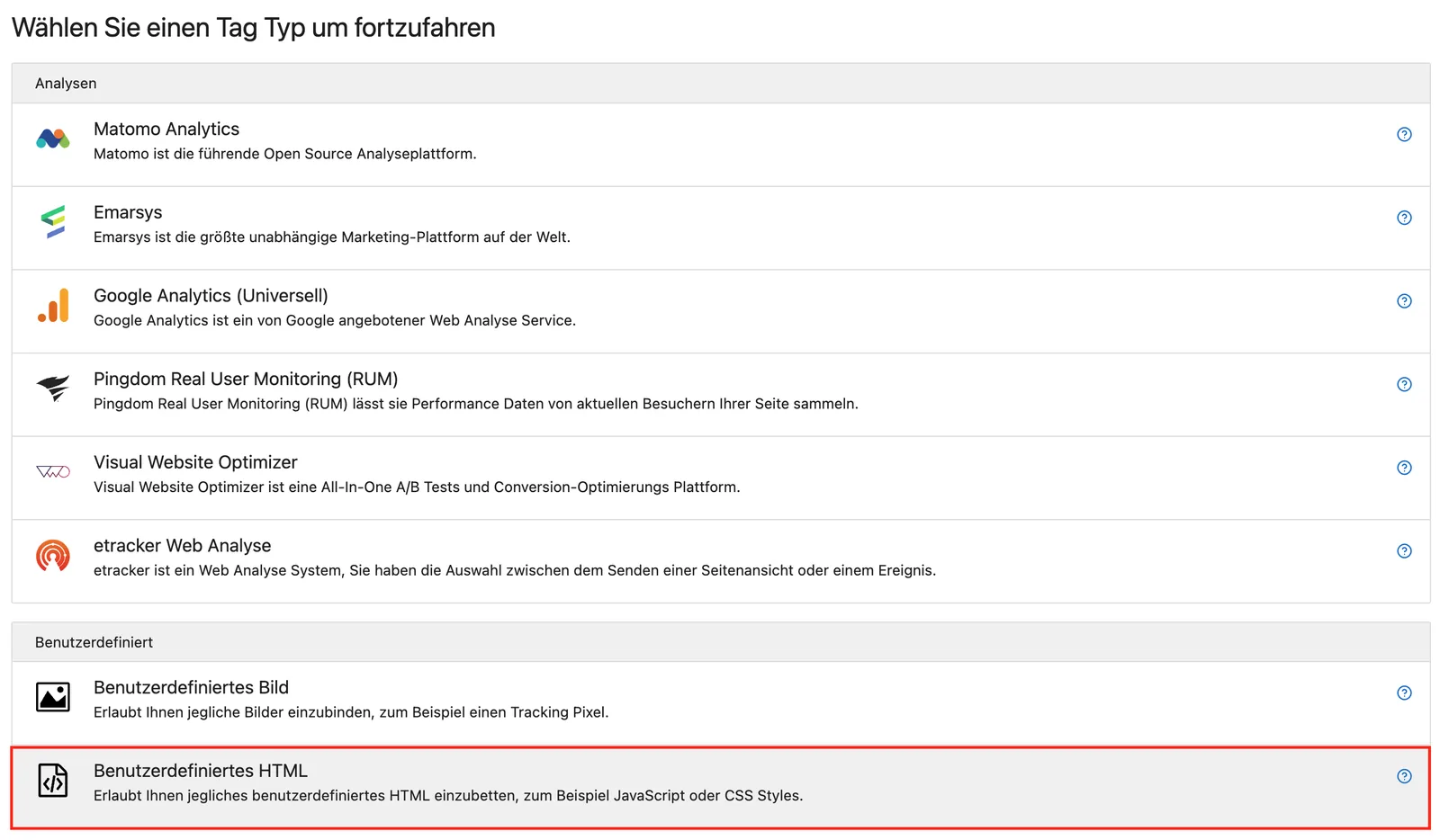The tag types in Matomo with Custom HTML (German interface)