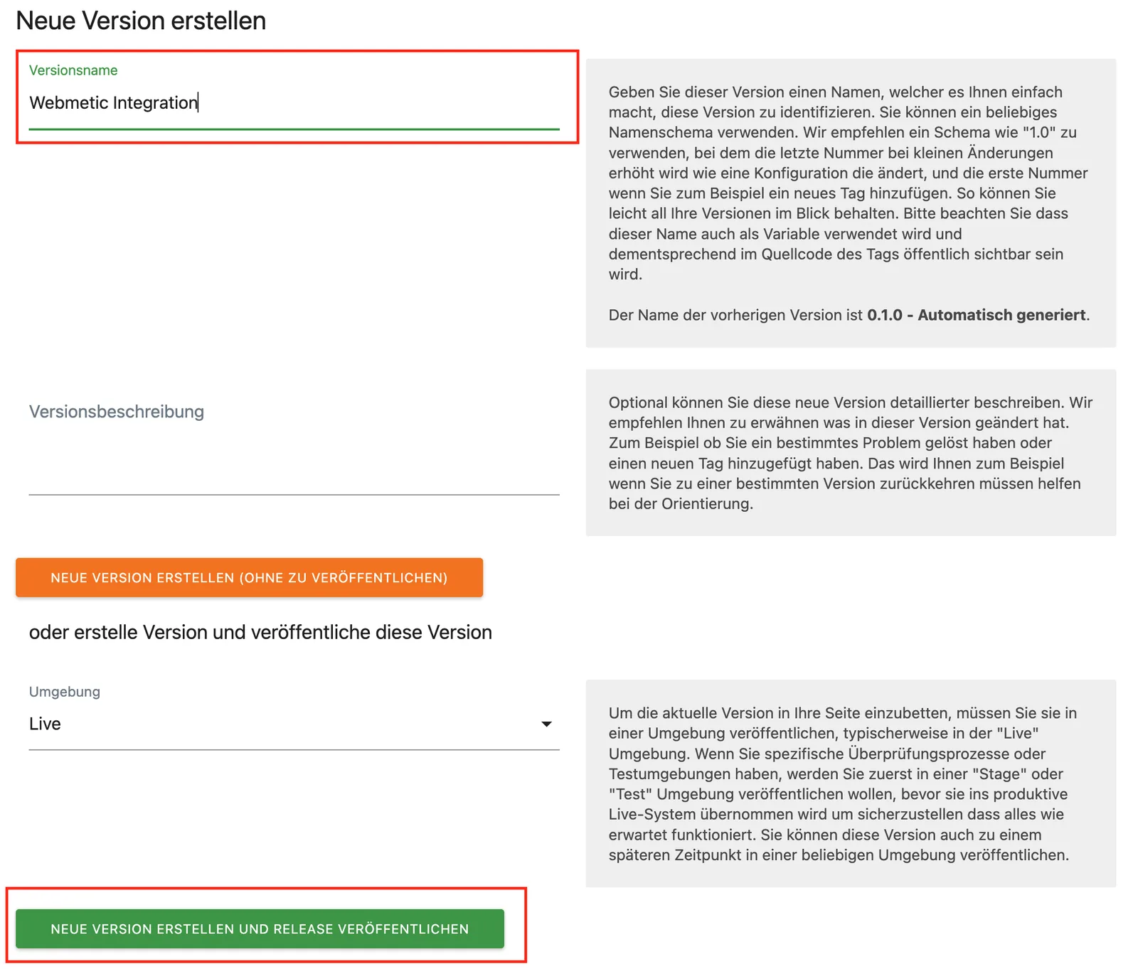Create a new version with version name, environment Live, and the publish button (German interface)