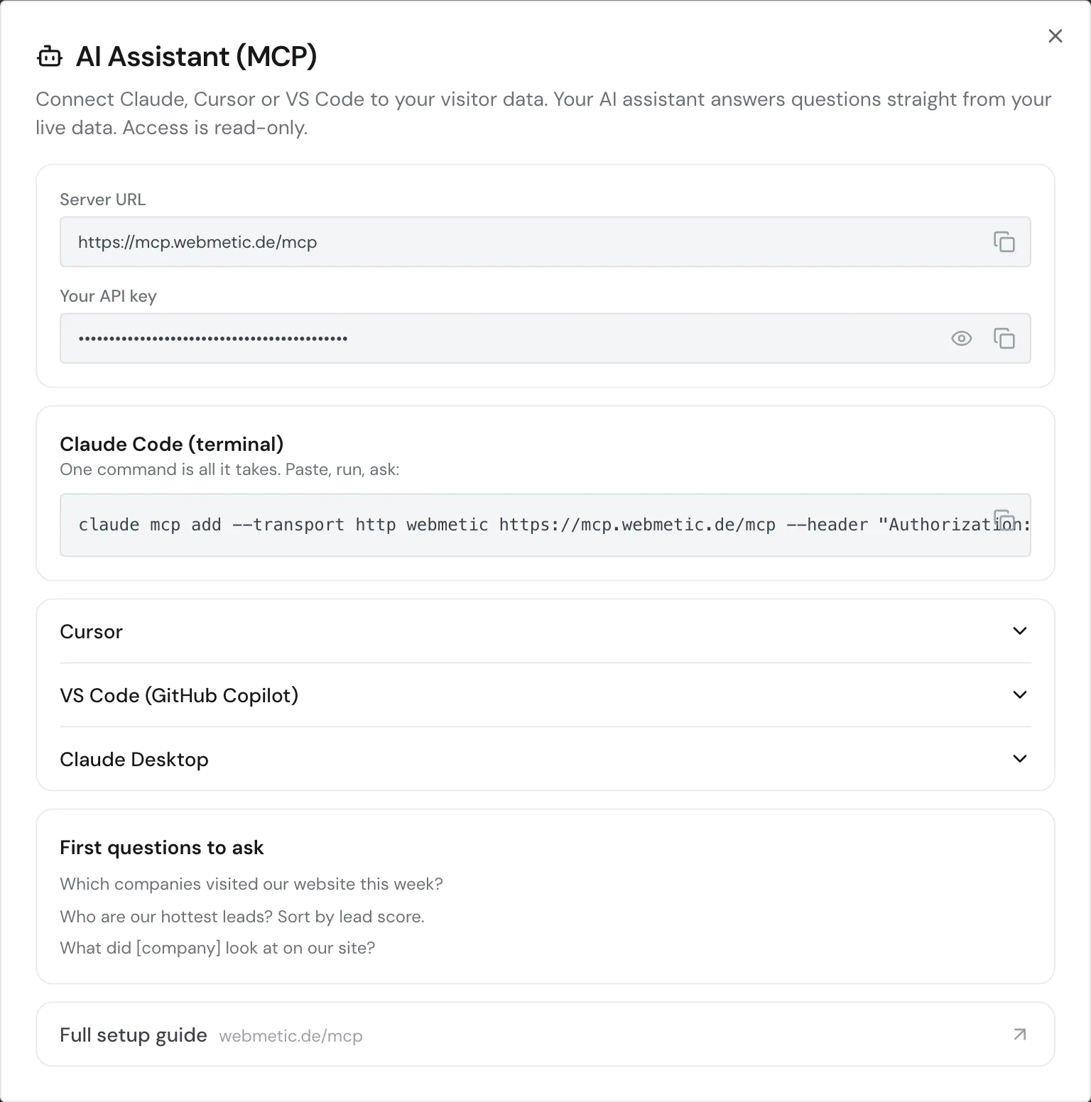 The AI Assistant (MCP) window with the server URL and the hidden API key