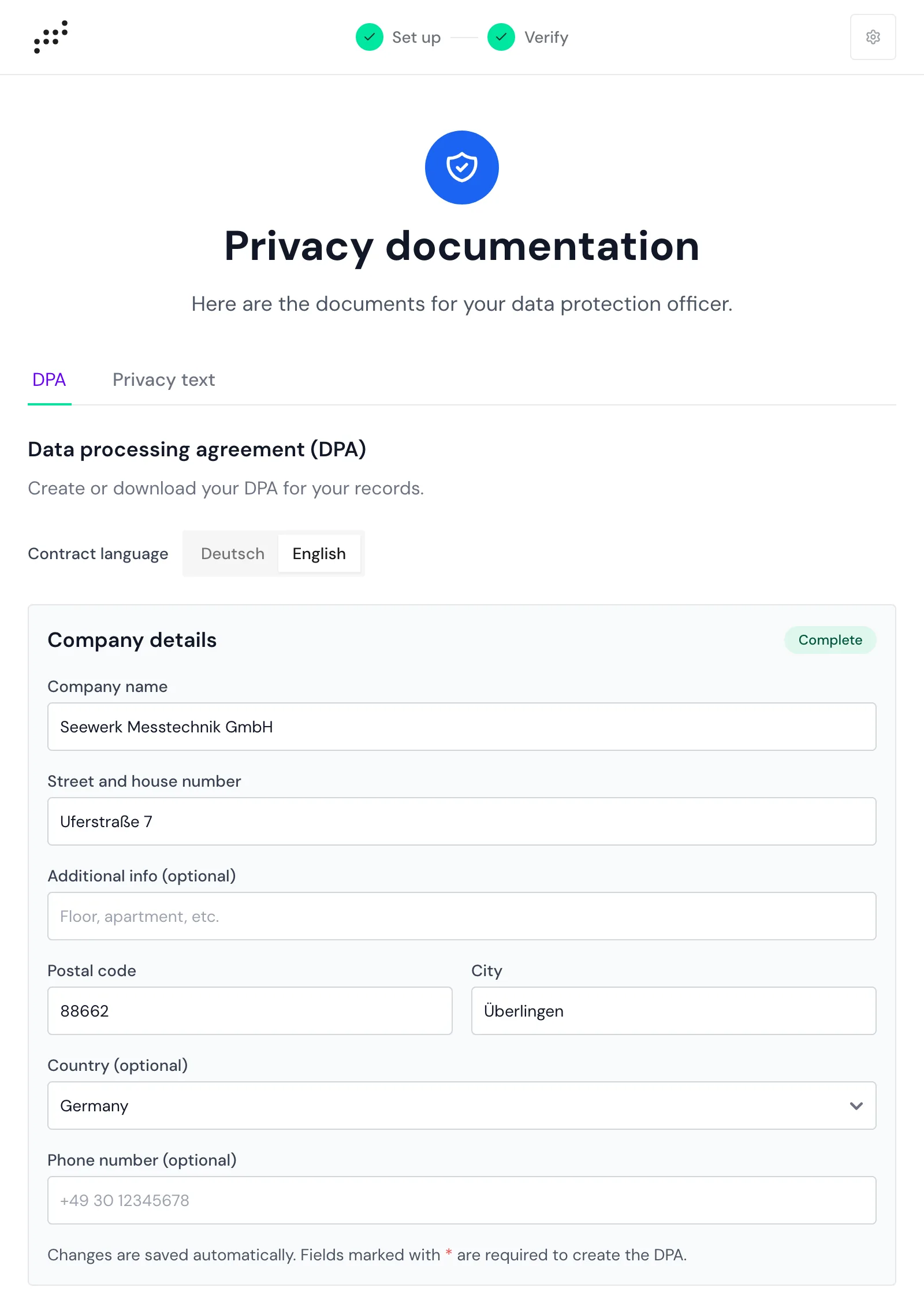 Privacy documentation with the DPA tab and the company details