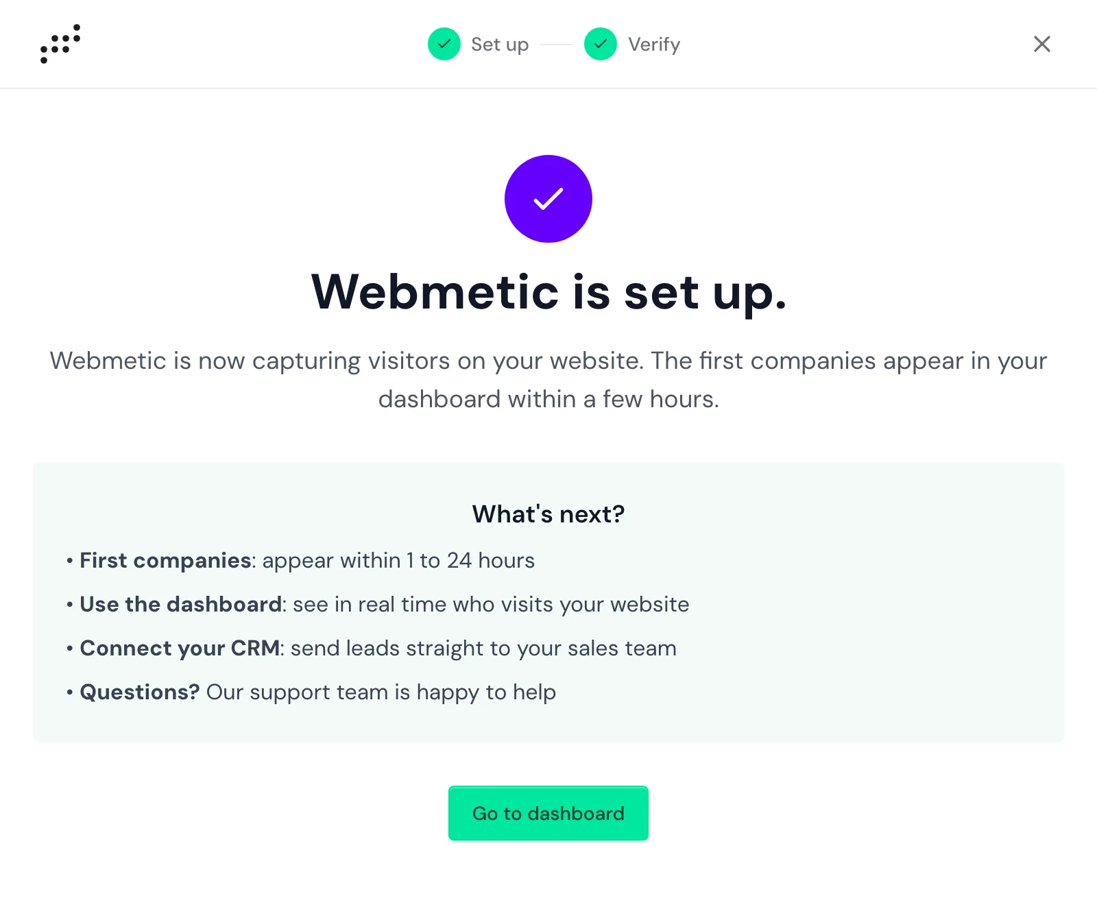 The assistant with the message that Webmetic is set up and the Go to dashboard button