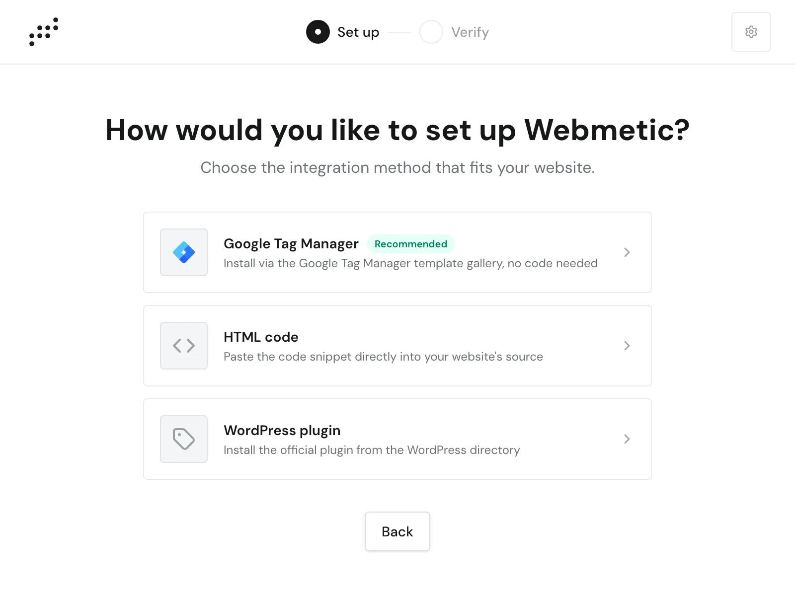 The method picker with Google Tag Manager as the recommendation