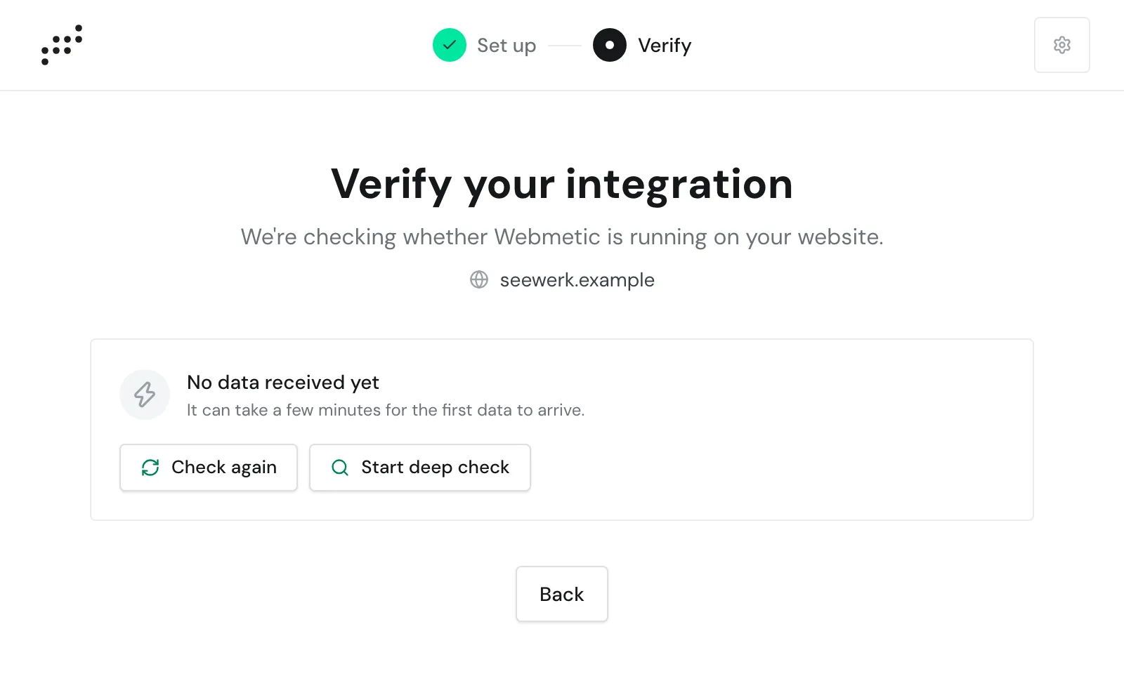 The Verify your integration step with the Check again and Start deep check buttons