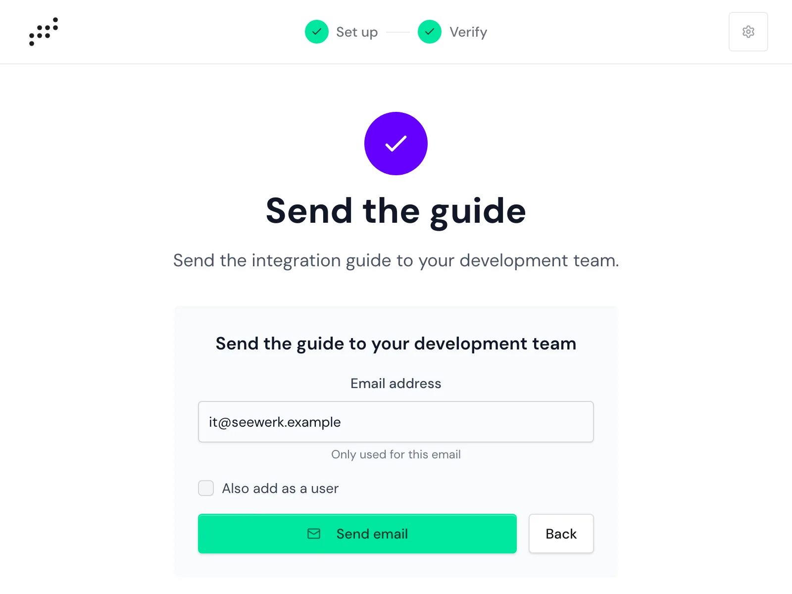 The Send the guide form with the Email address field and the Also add as a user option
