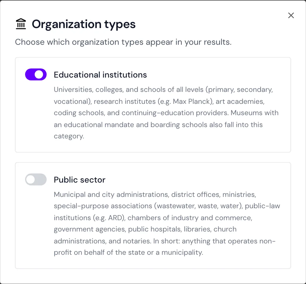 The Organization types window with educational institutions switched on and the public sector switched off