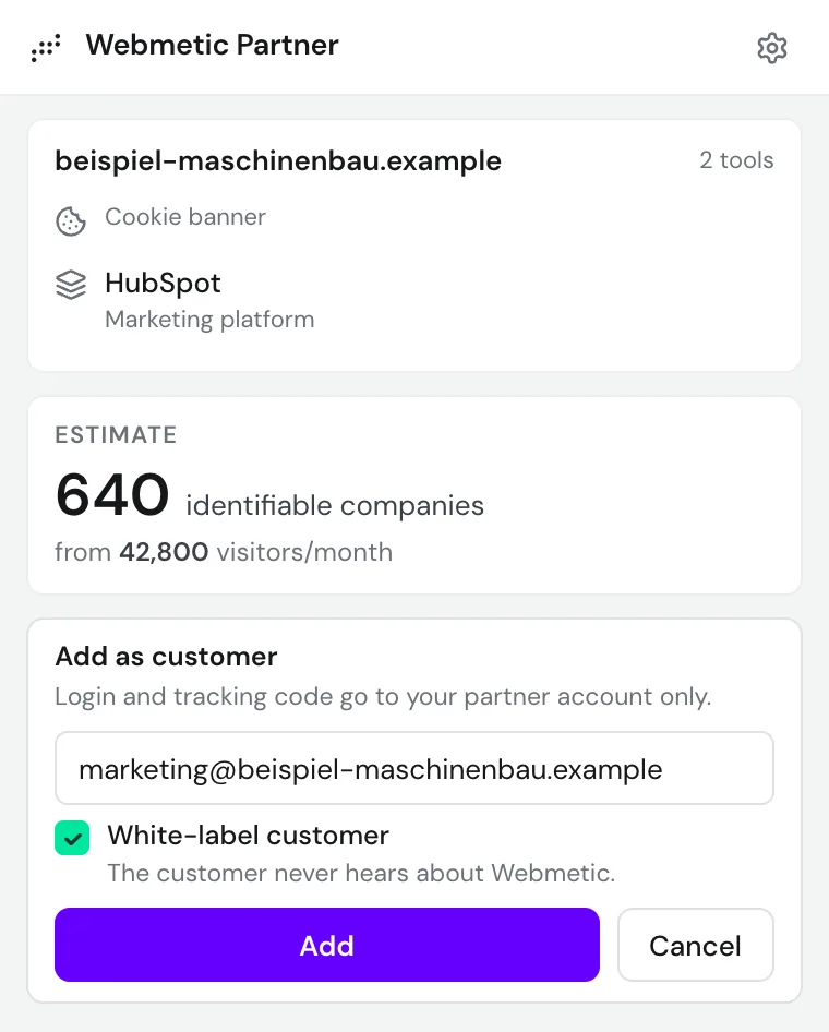 The Add as customer form with an email address and the White-label customer box ticked