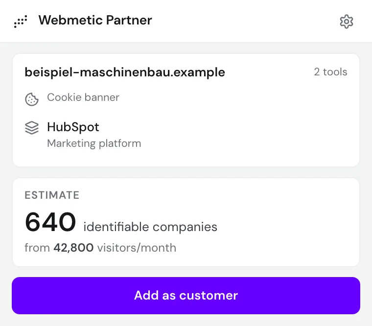 The check of beispiel-maschinenbau.example with two tools, the estimate, and the Add as customer button