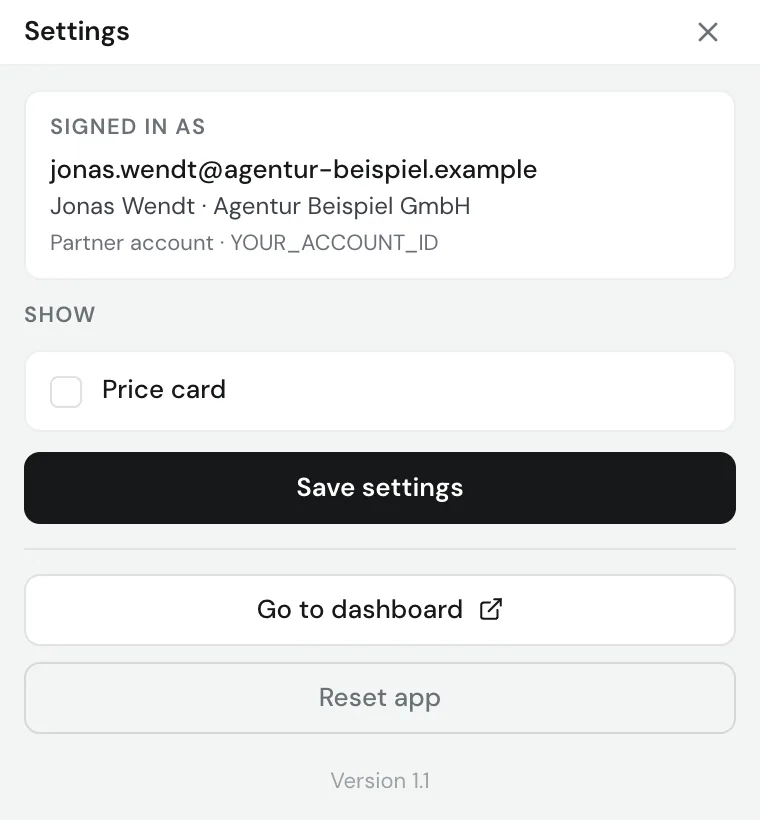 The extension settings with the signed-in account and the Price card box