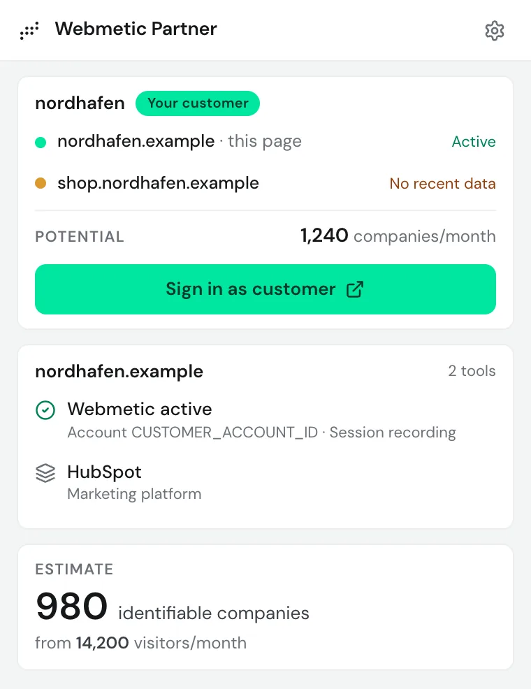 The card of the customer nordhafen with two websites, their tracking status, and the Sign in as customer button