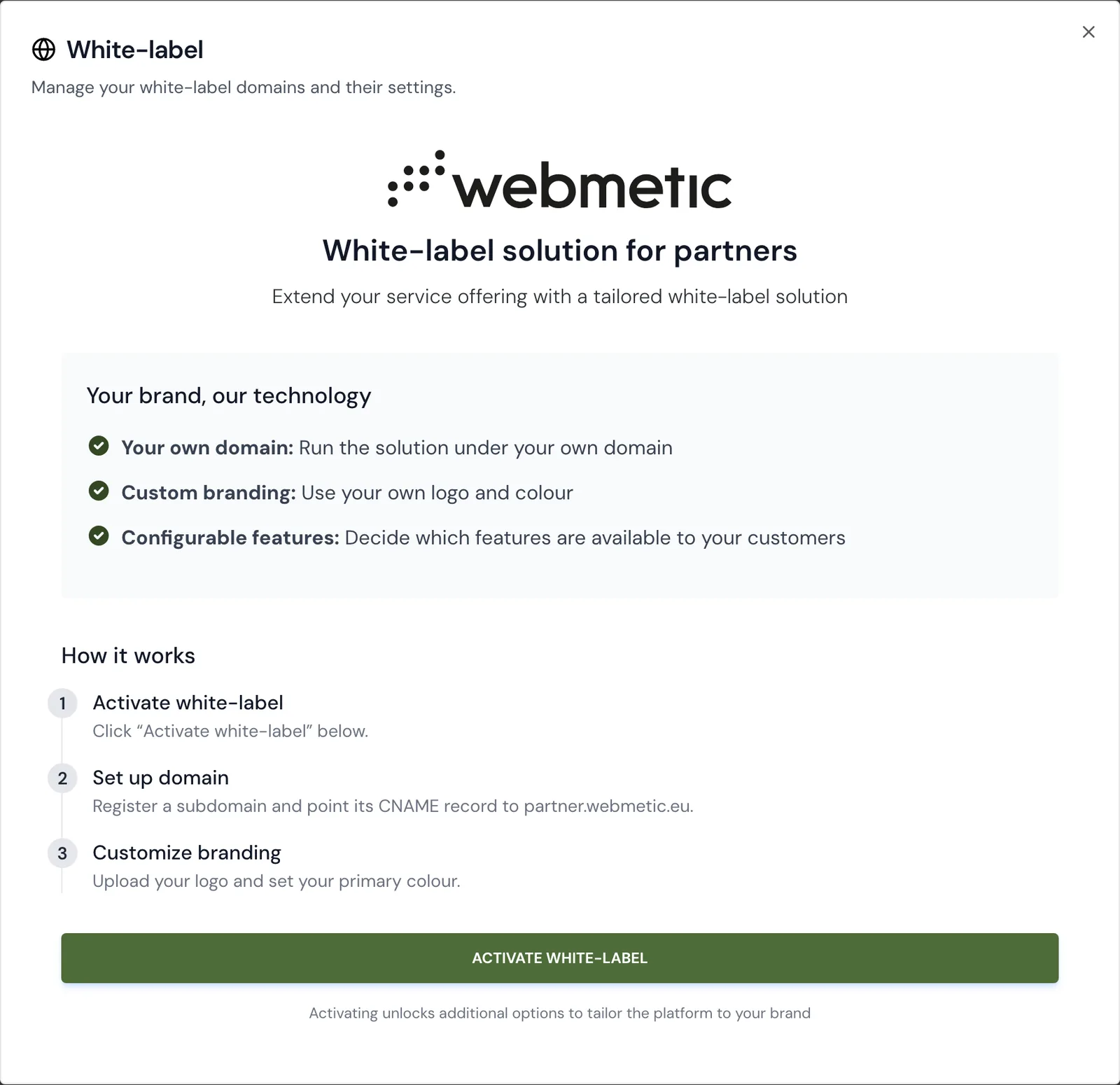 The White-label window before activation