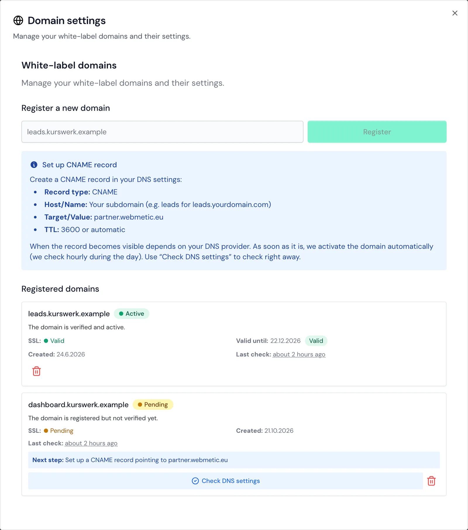 A registered domain with the status Pending and the values for the CNAME record