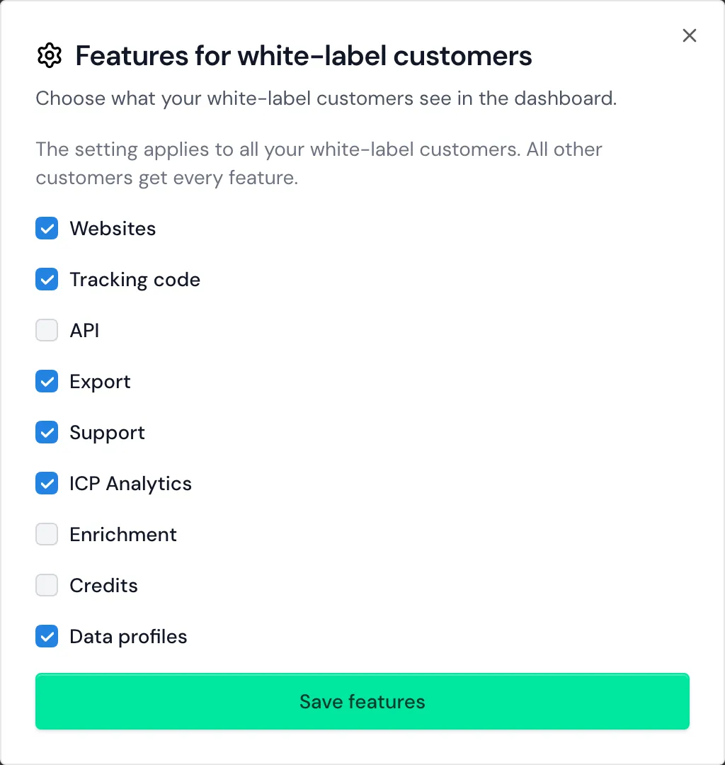 The Features for white-label customers window with nine checkboxes