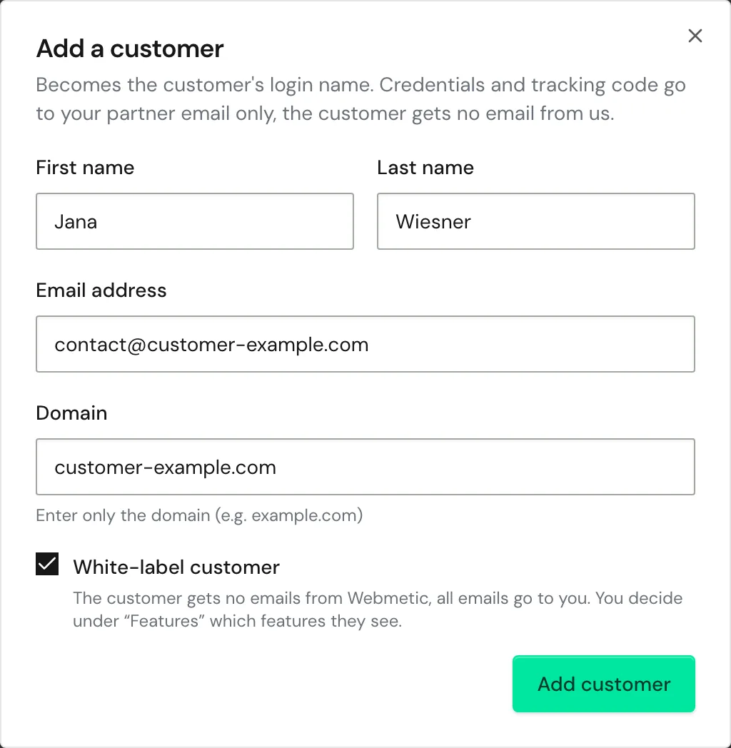 The Add a customer dialog with email address, domain, and the White-label customer checkbox