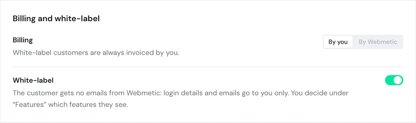 The Billing and white-label section on the customer page of a white-label customer