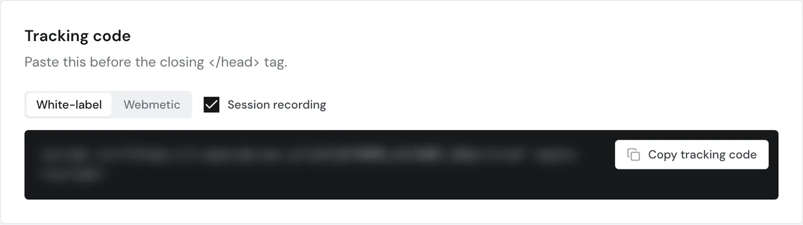 The Tracking code section on the customer page with the White-label form