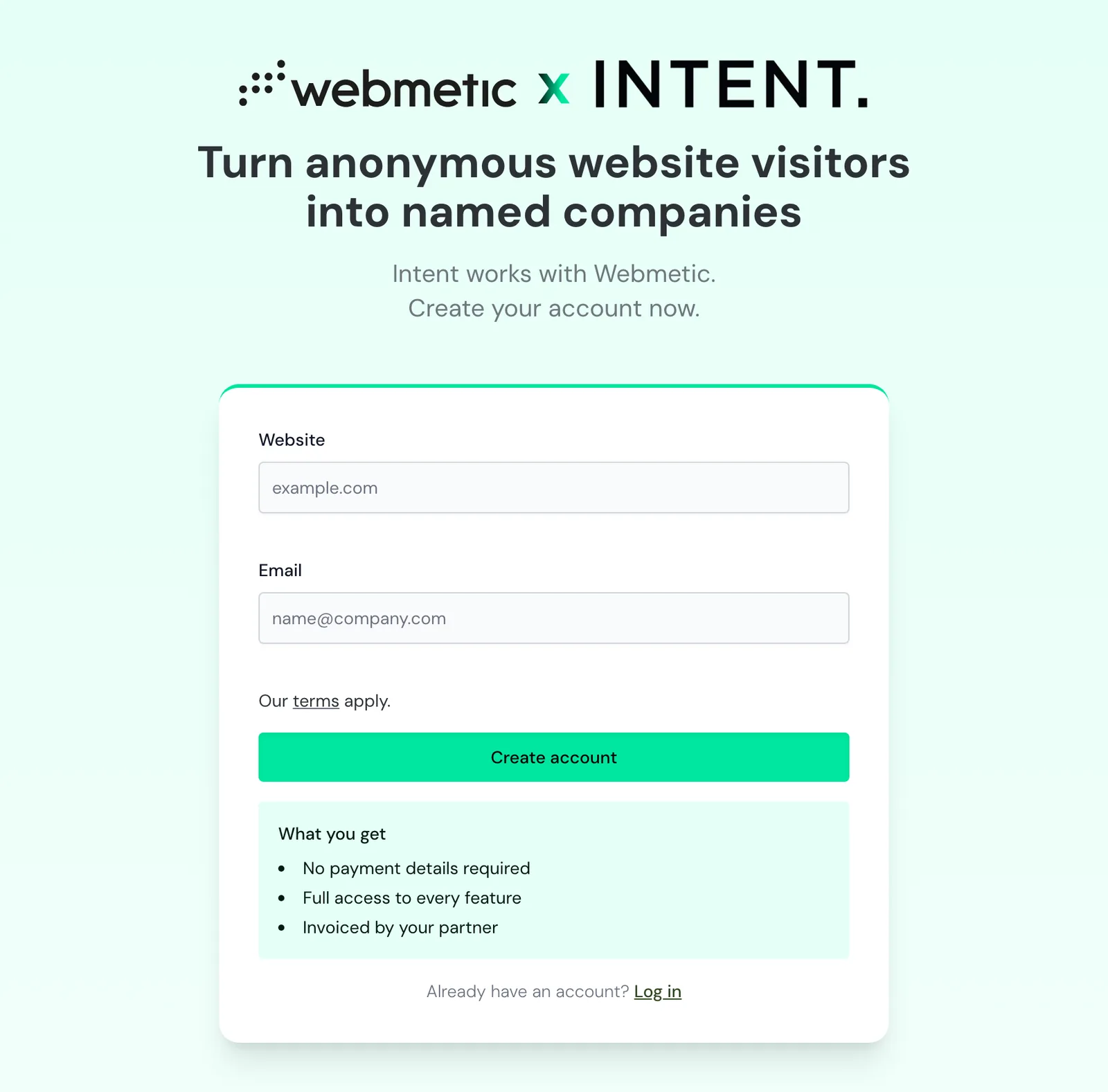 The partner page of Intent with logo, headline and sign-up form