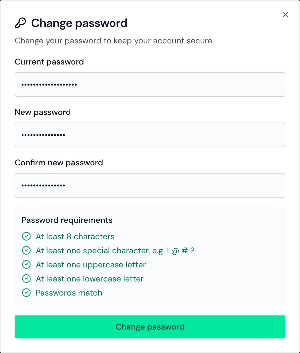 The Change password window with all requirements met