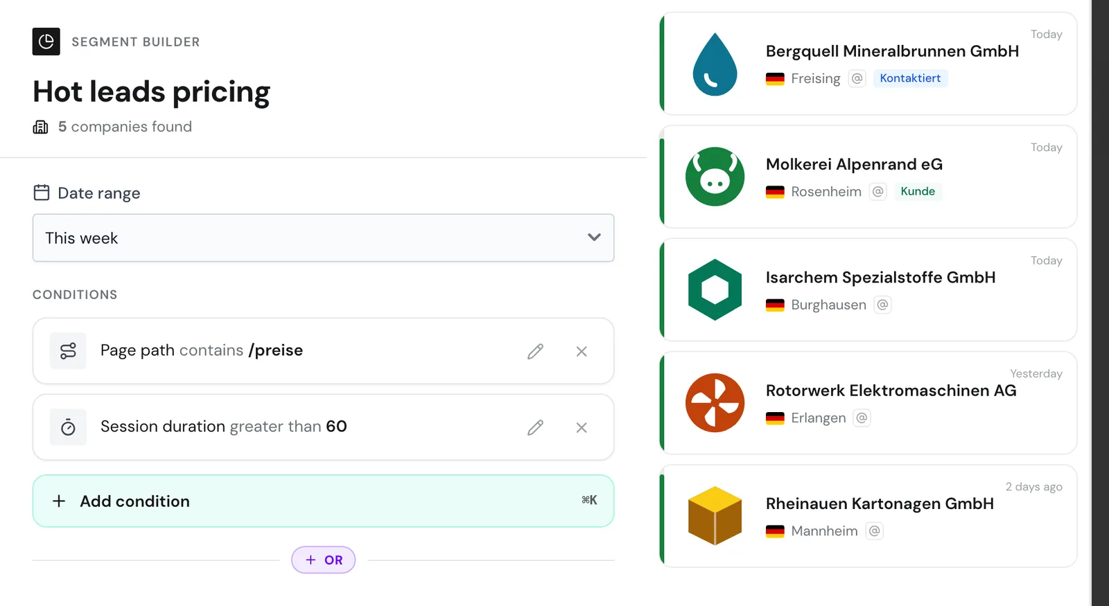 The segment builder with the hot lead conditions and the date range This week