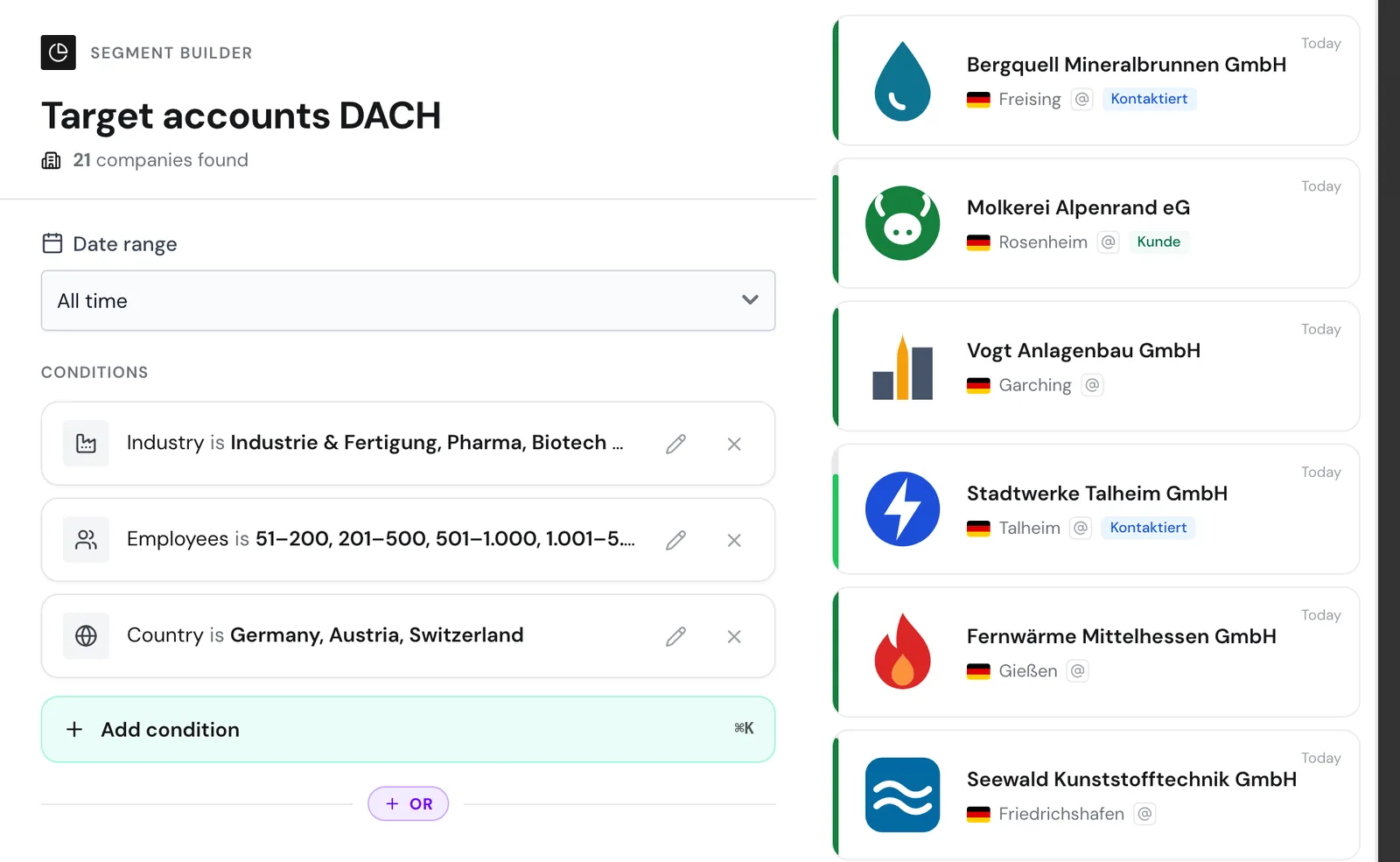 The segment builder with Industry, Employees, and Country for target customers in the DACH region
