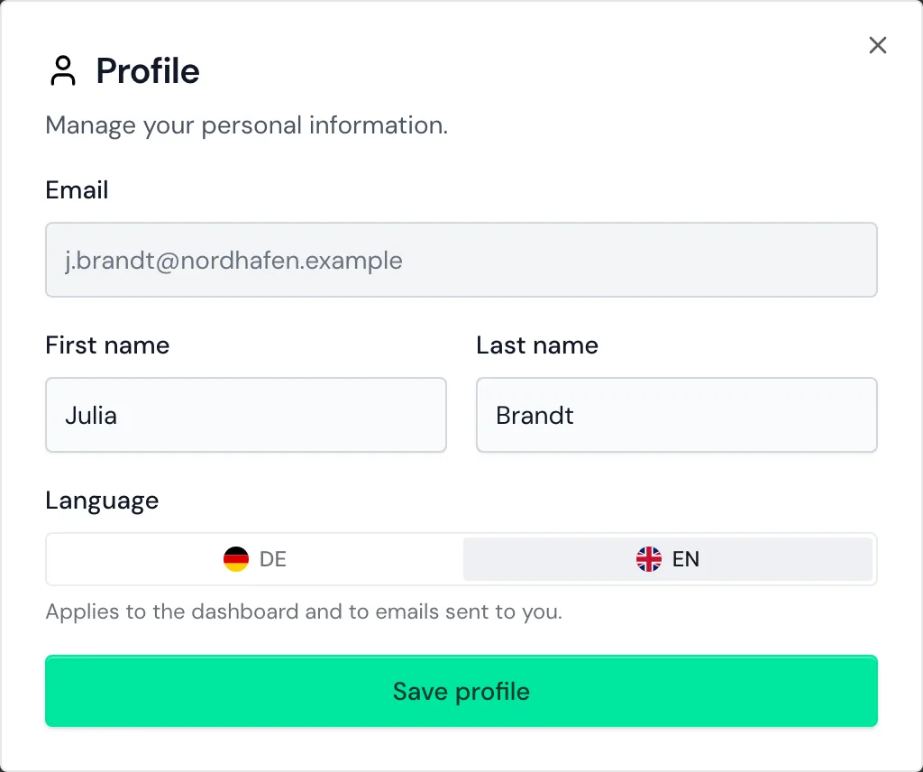 The Profile window with name and language