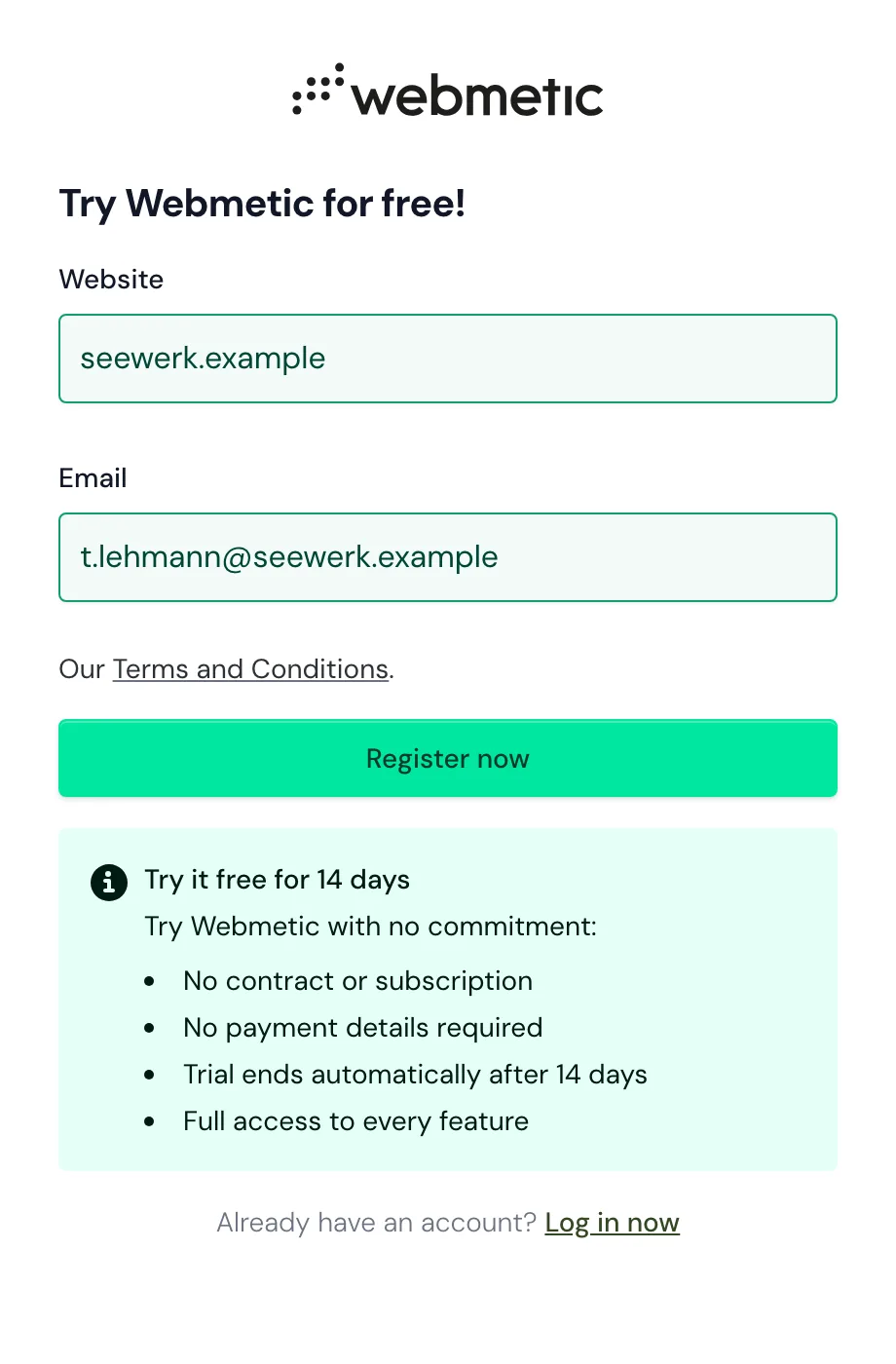 The sign-up form with the Website and Email fields