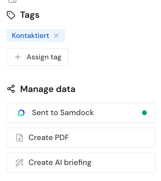The Manage data section with the Sent to Samdock button and a green dot