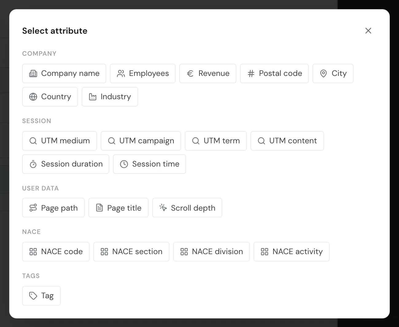 The Select attribute picker with the fields in five sections