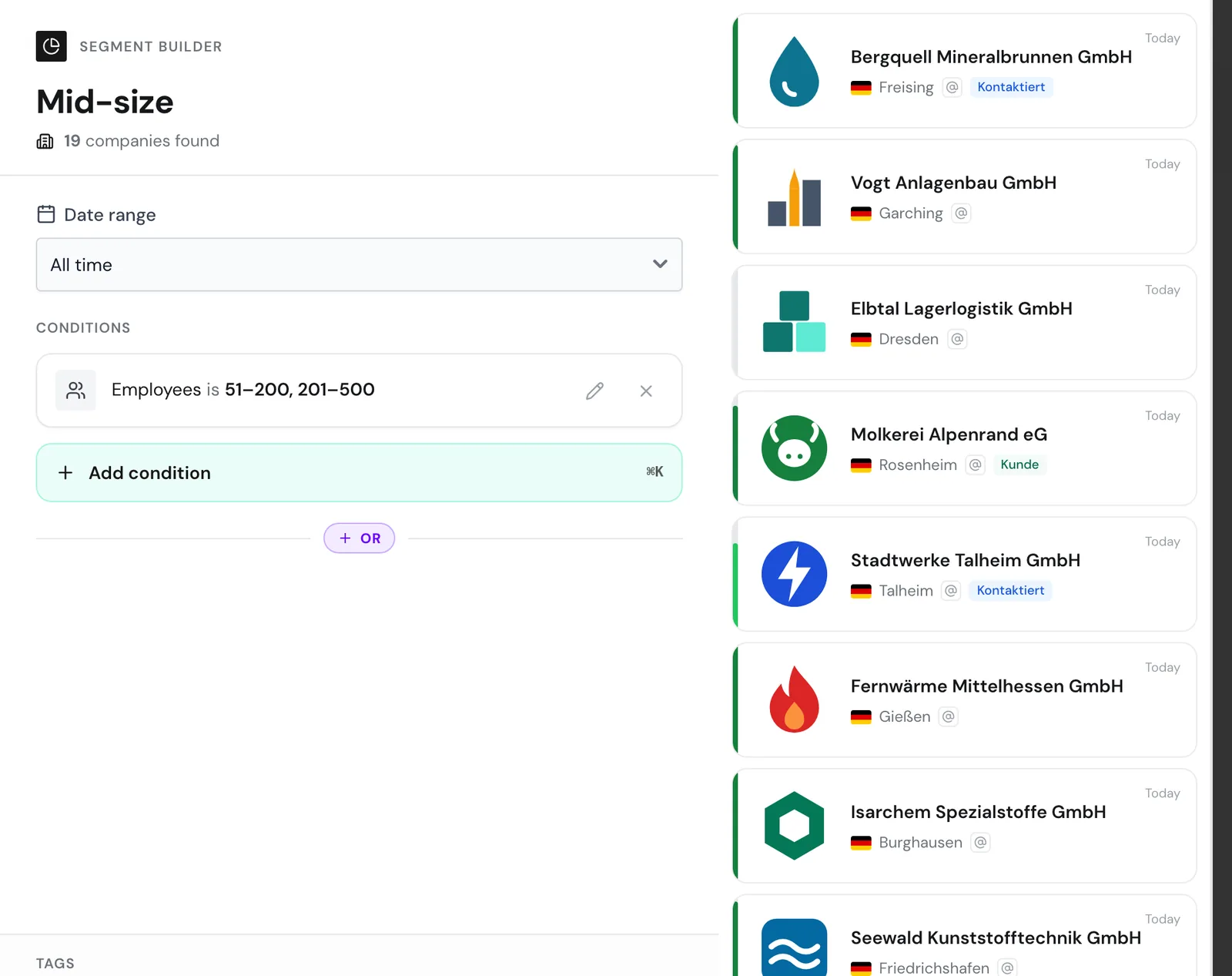 The segment builder with one condition and the number of companies found